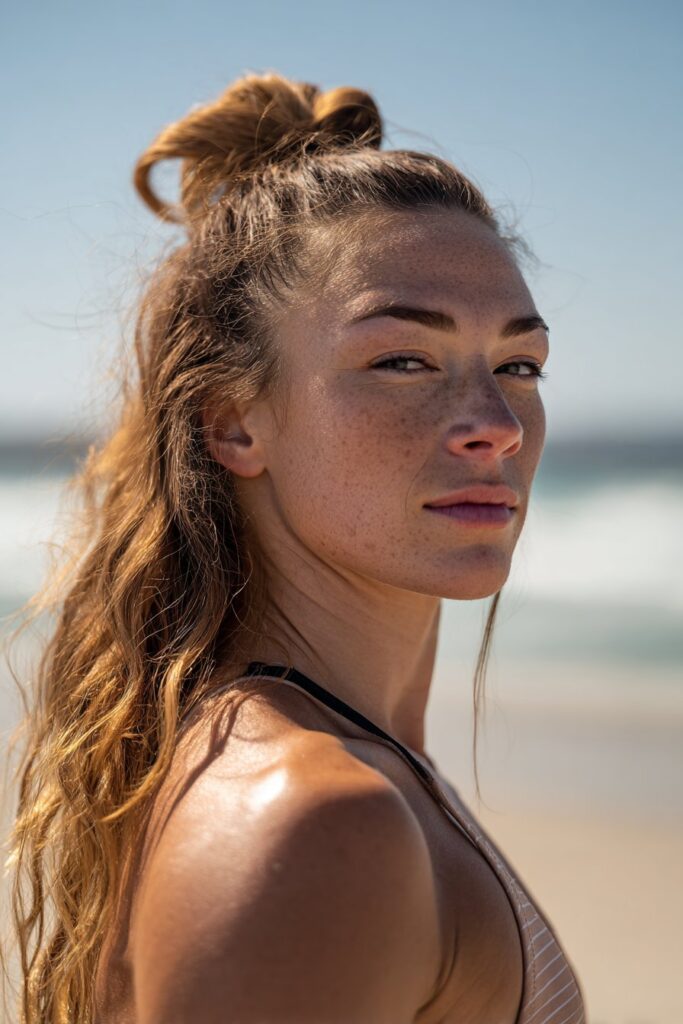 Half up top knot beach hairstyle long hair