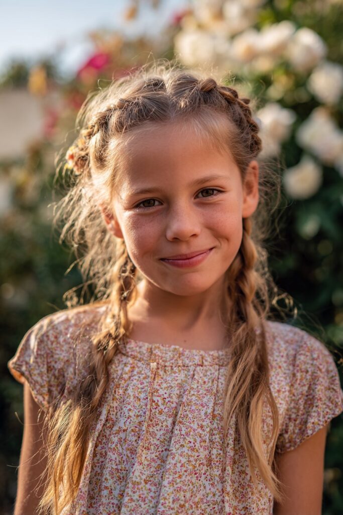 Cute braided hairstyle for kids halo braid with flowers