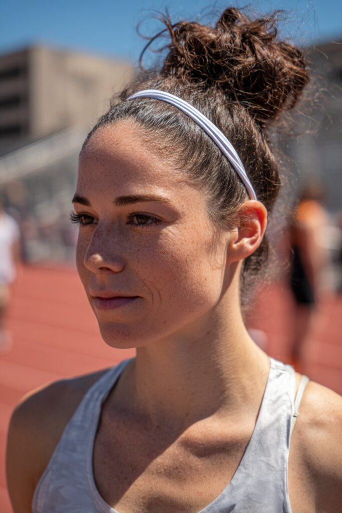 Hairstyle for track meets high bun with headband