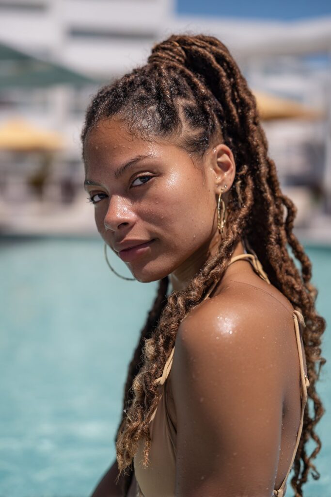 Braided bun protective hairstyle for pool and beach