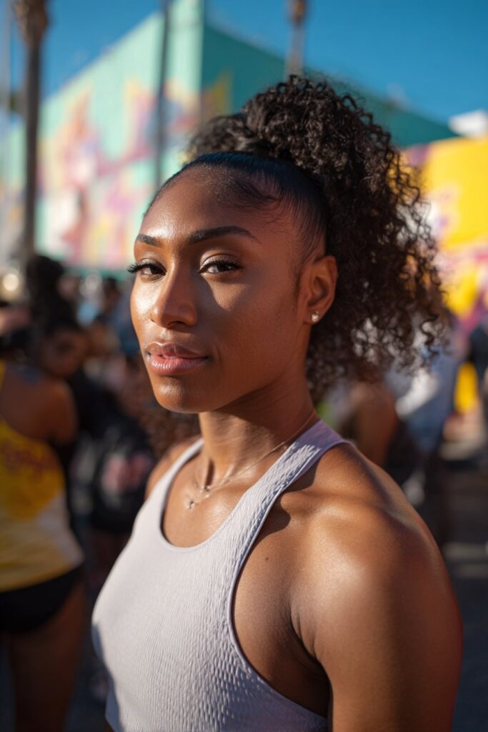 Freaknik hairstyle high top ponytail with crimped texture