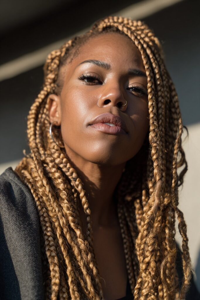 Honey blonde box braids triangle parts