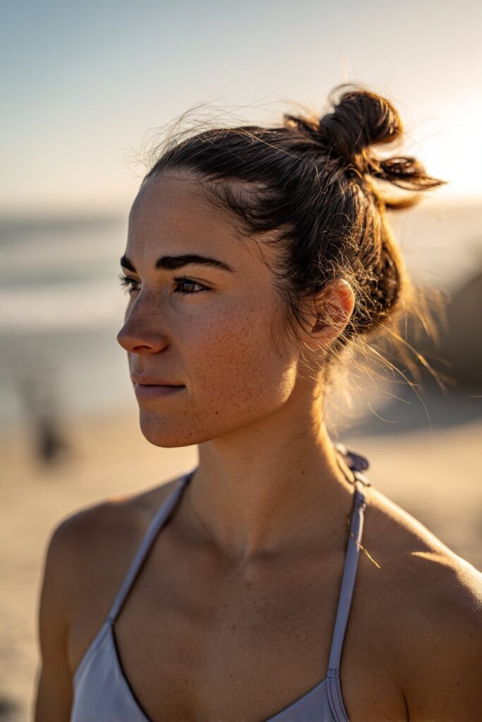 Low twisted bun beach hairstyle long hair