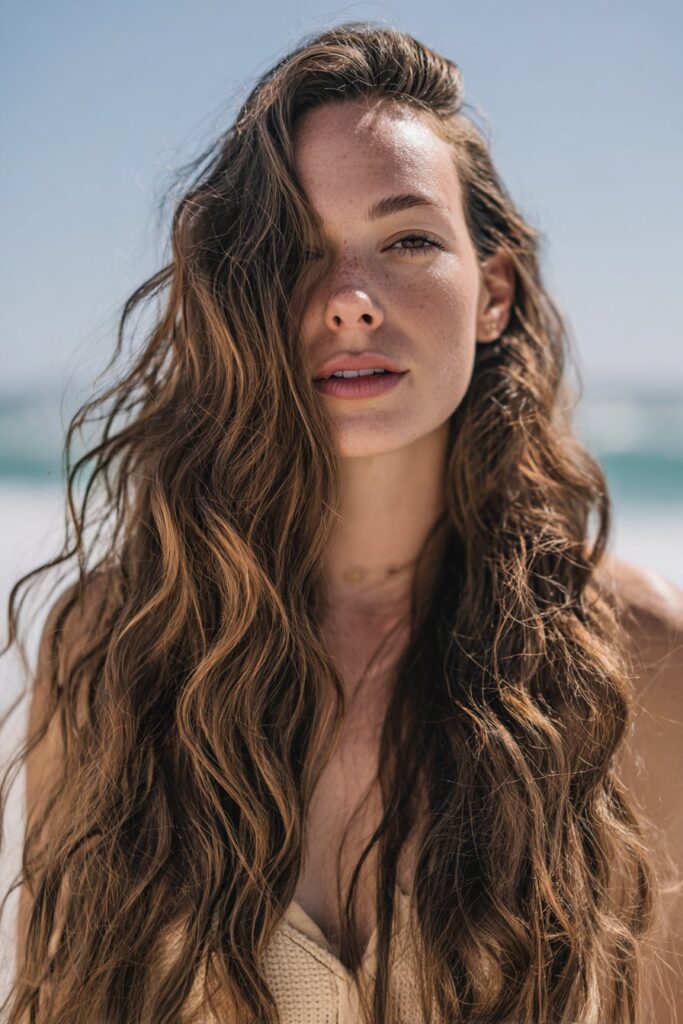 Long mermaid beachy waves hairstyle with flowing texture