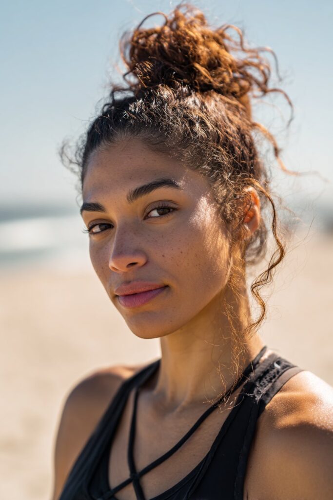 Messy high bun beach hairstyle long hair