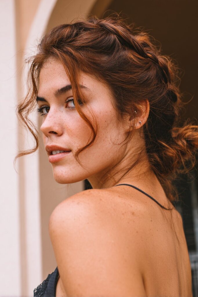 Prom hairstyle side part with messy fishtail braid