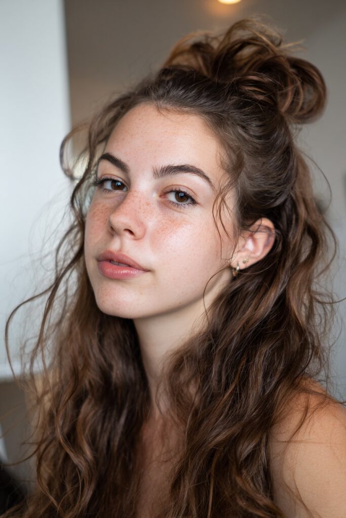 Messy top knot half up style with relaxed texture