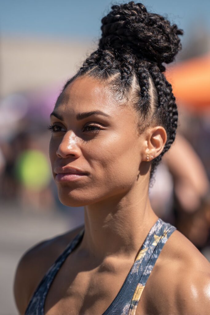 Freaknik hairstyle micro braids high bun