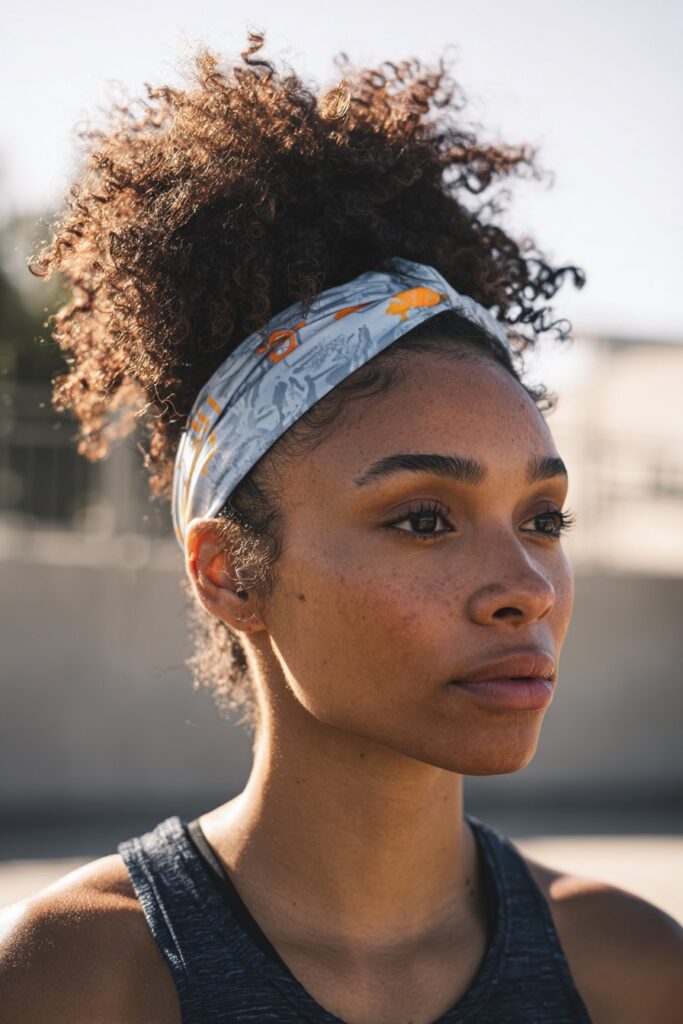Hairstyle for track meets curly puff with headband