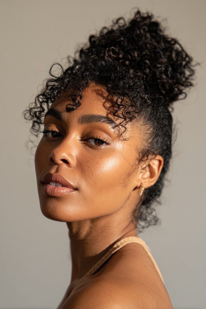 Prom updo hairstyle black hair natural curls updo