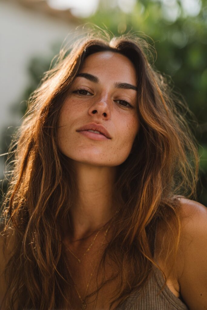 Natural sunkissed brunette balayage with soft brown tones