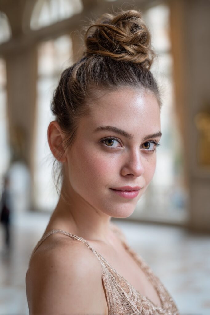 Polished high bun formal hairstyle with volume