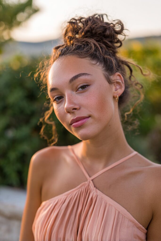 Half up half down prom hairstyle relaxed knot with tendrils