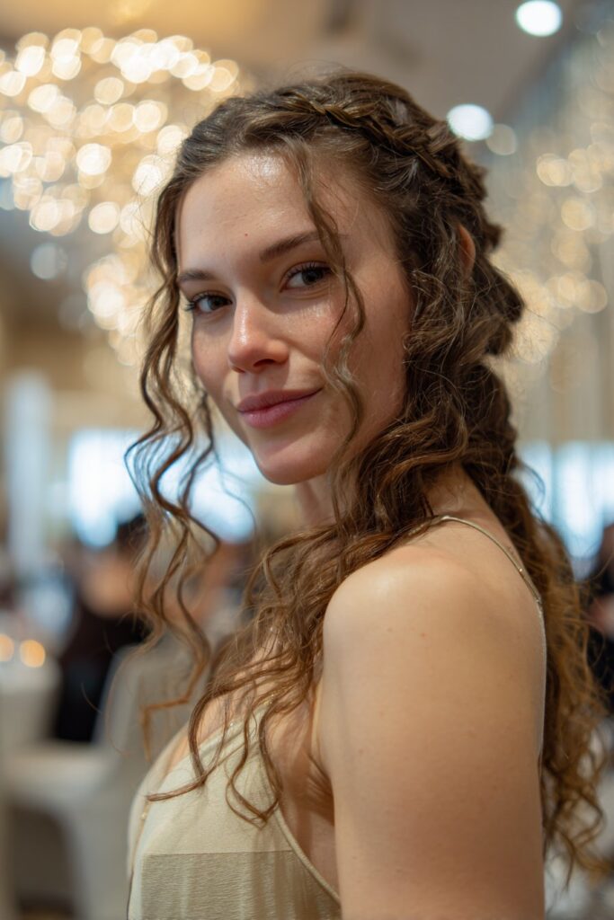 Half up half down prom hairstyle loose curls with braided crown