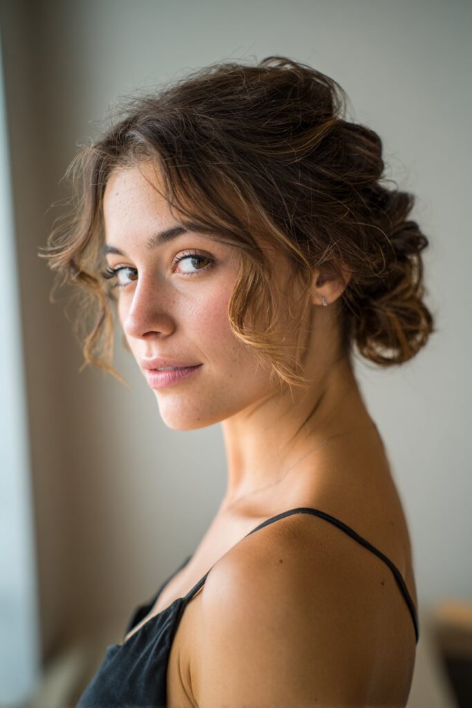 Romantic twisted half updo with loose soft curls