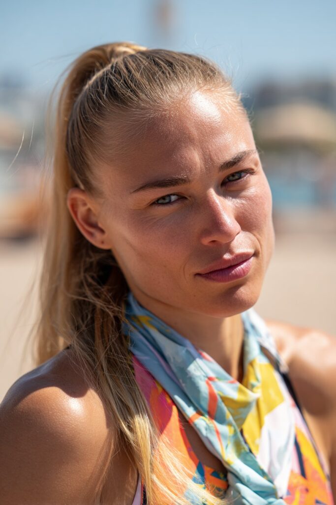 Scarf wrapped ponytail beach hairstyle long hair