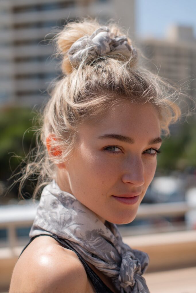 Scarf wrapped top knot cute summer hairstyle