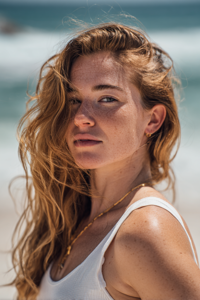 Side swept beachy waves hairstyle with soft movement