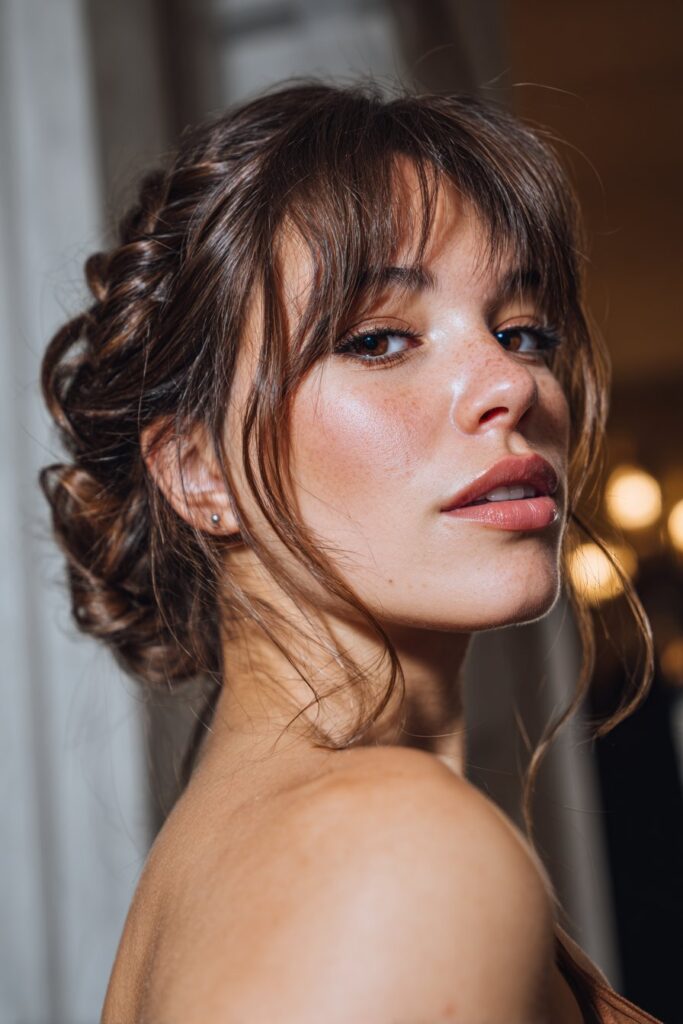 Prom hairstyle side part with side swept braided updo