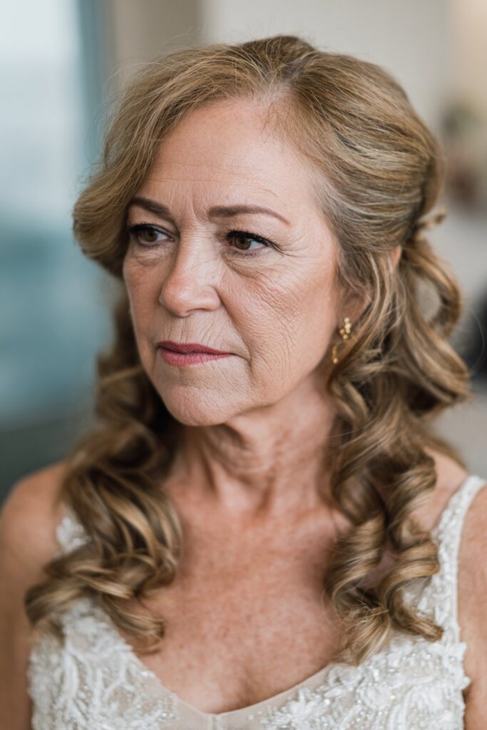 Side swept curls mother of the groom hairstyle for long hair