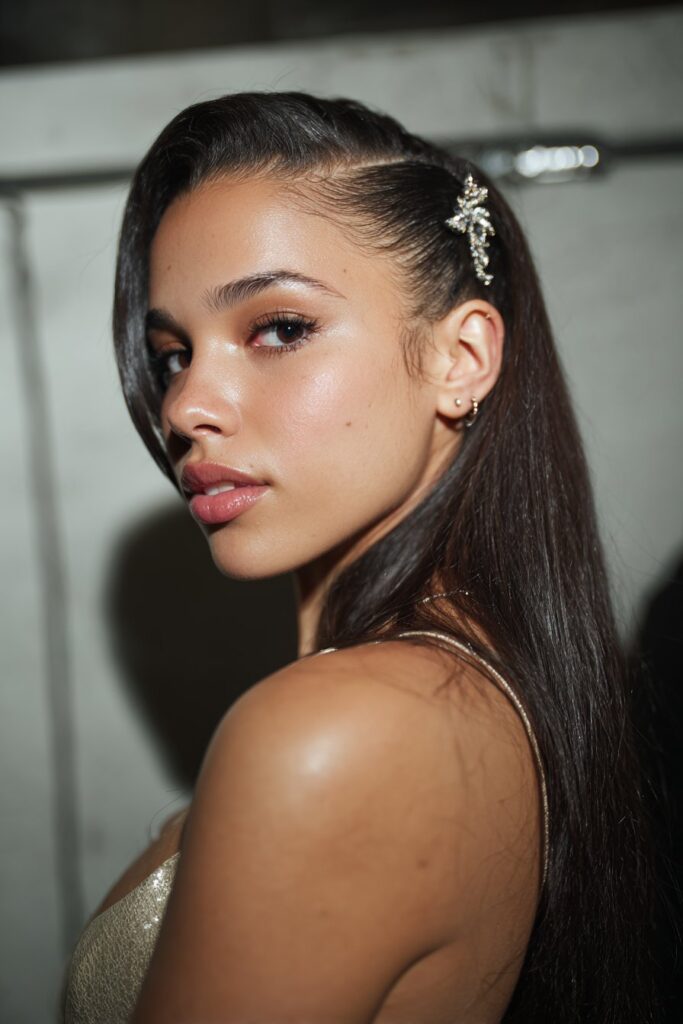 Side swept prom hair straight with hair pin