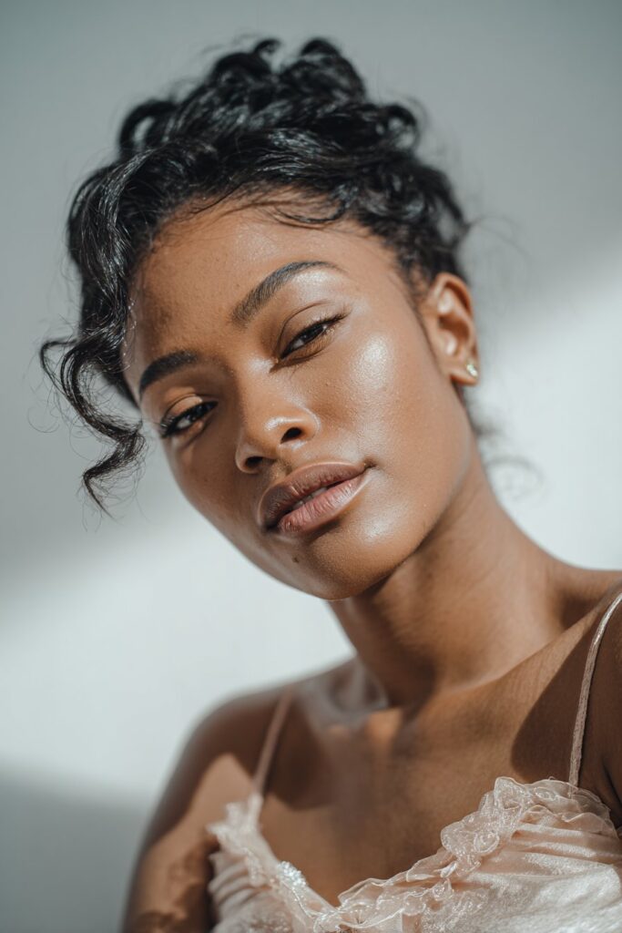 Prom updo hairstyle black hair side swept curls