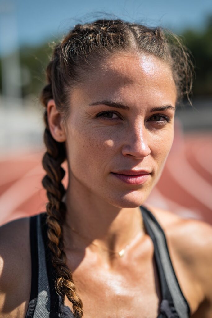 Hairstyle for track meets single Dutch braid