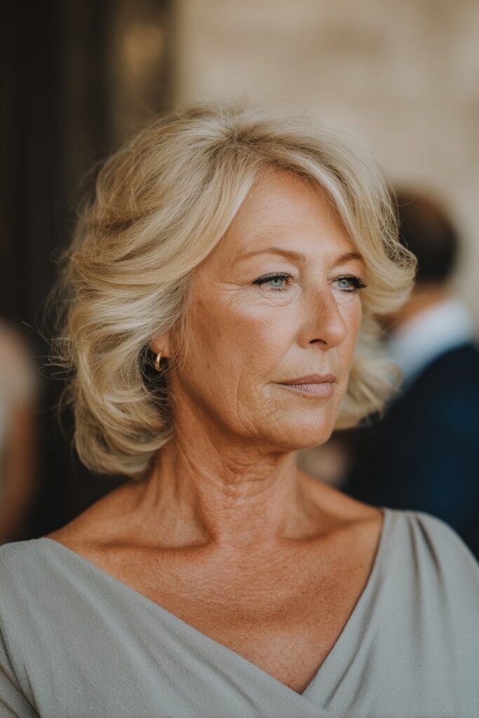 Sleek blowout mother of the groom hairstyle with side part