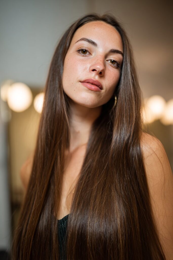Sleek center part prom hair straight with glass shine
