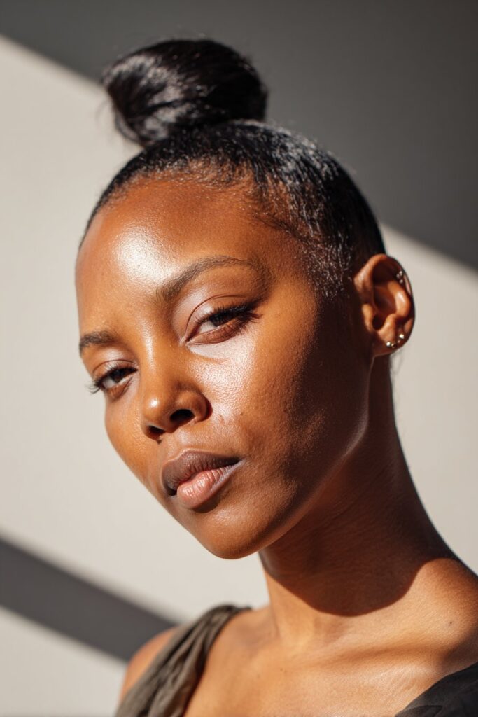 Prom updo hairstyle black hair sleek high bun side part