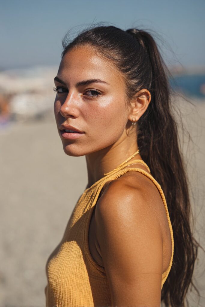 Sleek low ponytail tanning hairstyle for sun exposure