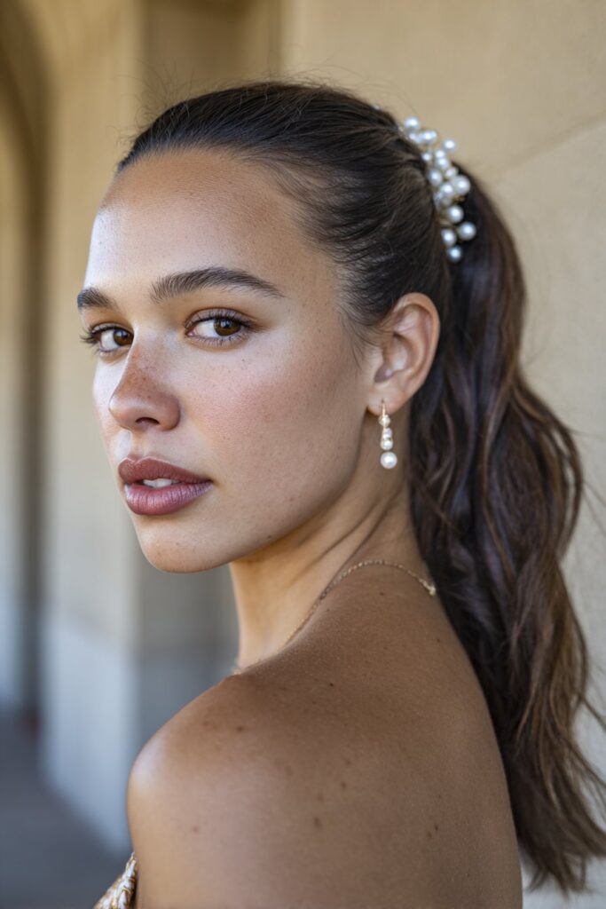 Prom hair ponytail sleek low ponytail with pearls