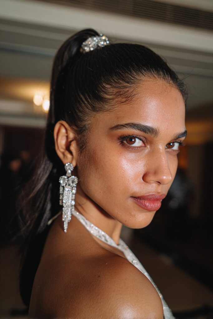 Sleek pulled back prom hair straight with accessory