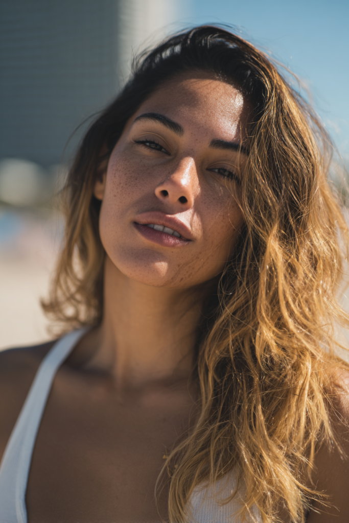 Sleek roots with beachy waves hairstyle on ends