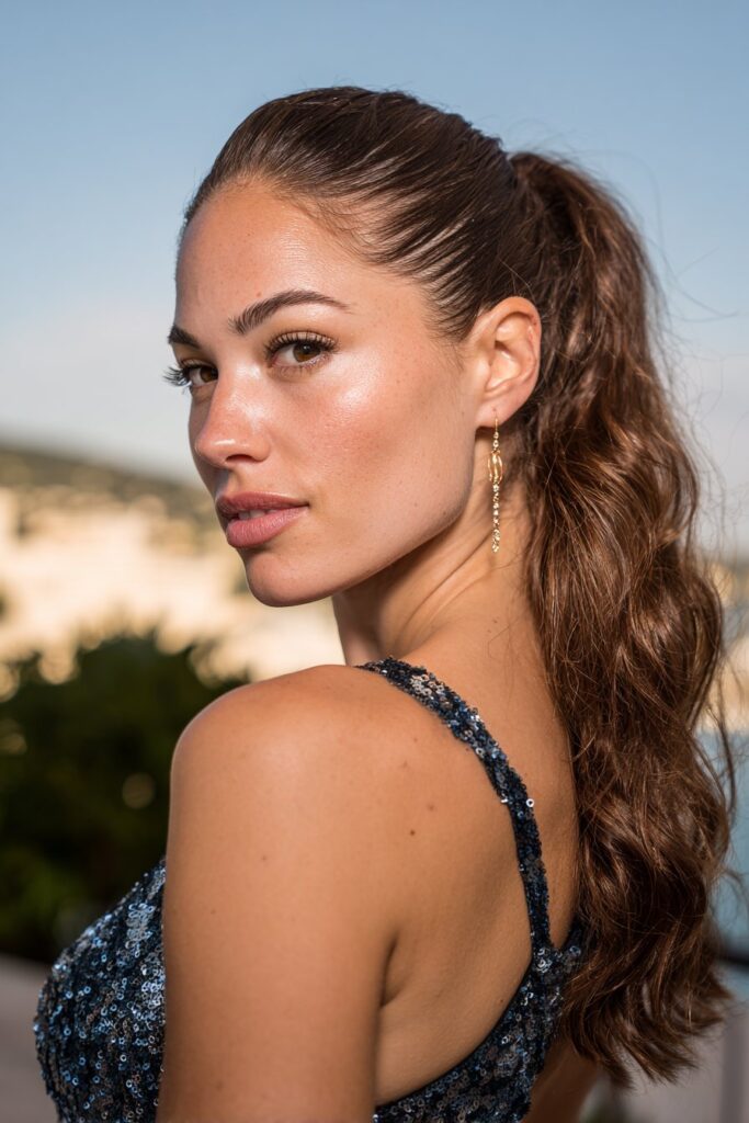 Prom hairstyle side part with sleek ponytail