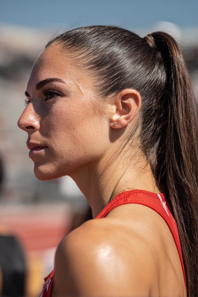 Hairstyle for track meets slicked back ponytail