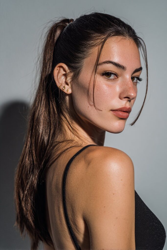 Sleek twisted half ponytail hairstyle with straight finish