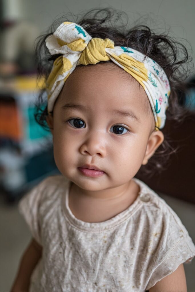 Infant baby girl short hair with soft curls and headband