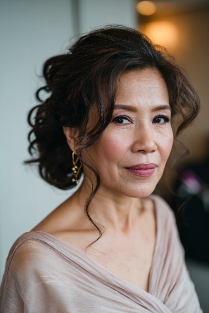 Soft messy bun mother of the groom hairstyle with face framing layers