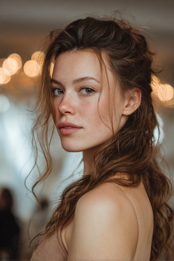 Prom hairstyle side part with soft loose updo