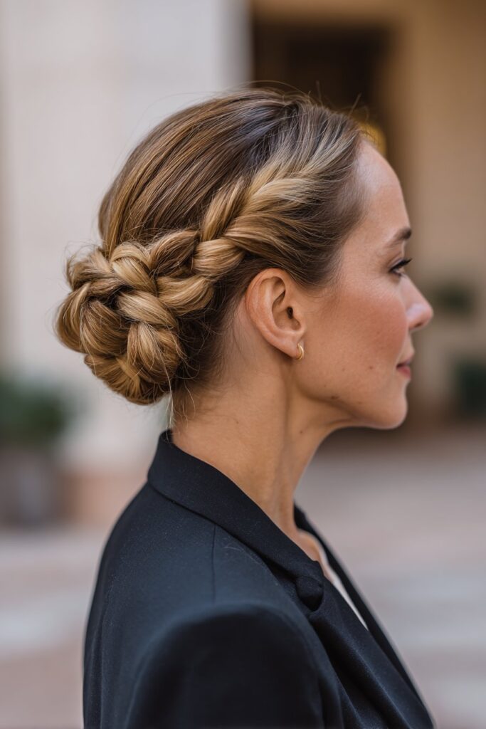 Braided low bun formal hairstyle with elegant detail