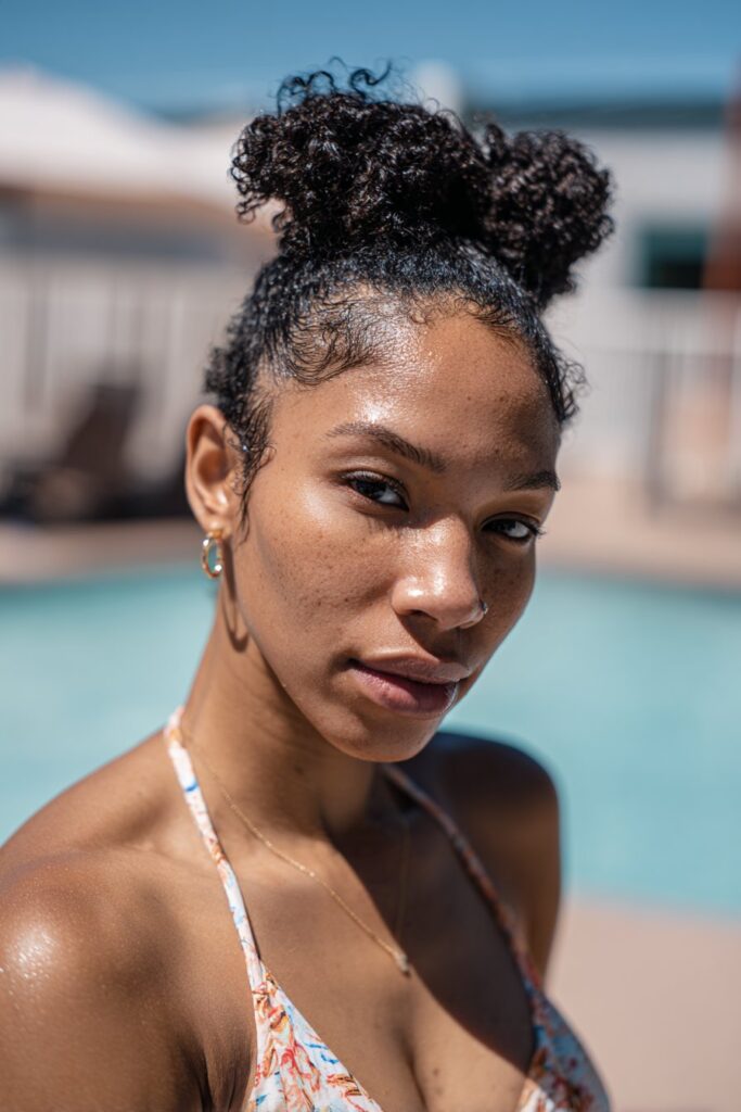 Space buns protective hairstyle for pool and beach