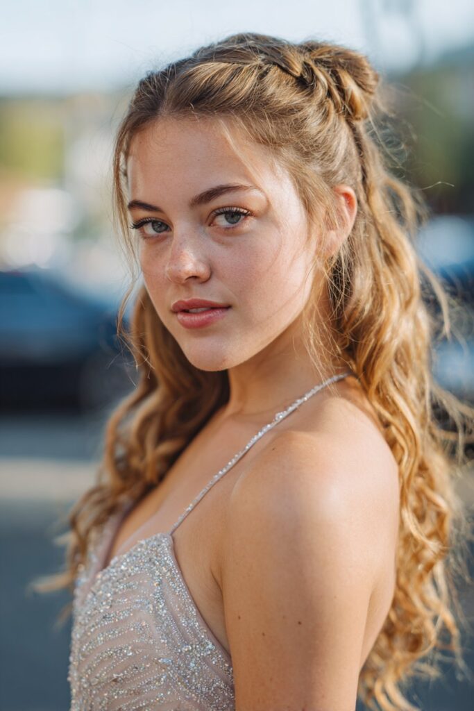 Easy prom hair space buns with glitter accents