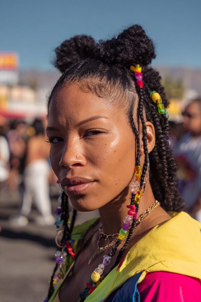Freaknik hairstyle stacked spiral curls with colorful beads