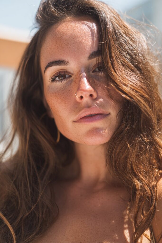 Sunkissed brunette hair with face framing summer highlights