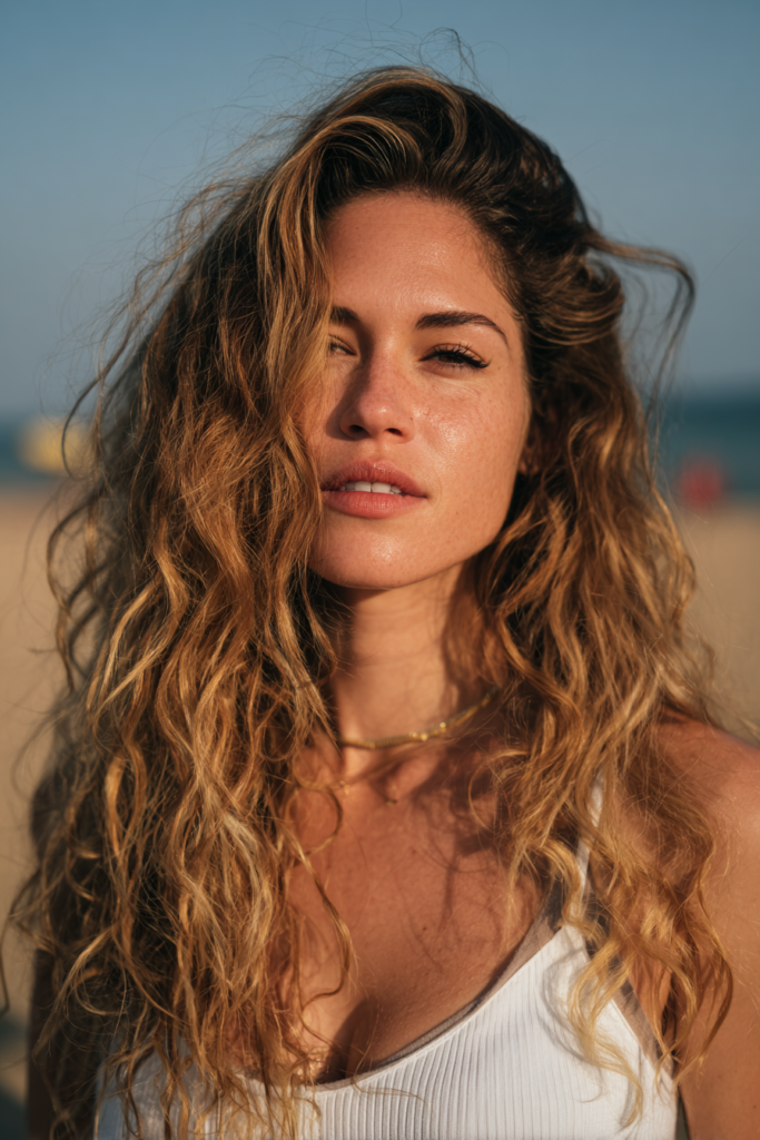 Sun kissed highlighted beachy waves hairstyle