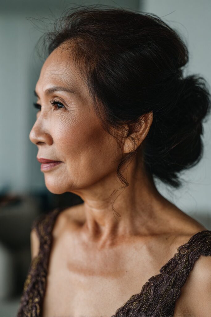 Textured low bun mother of the groom hairstyle for medium hair