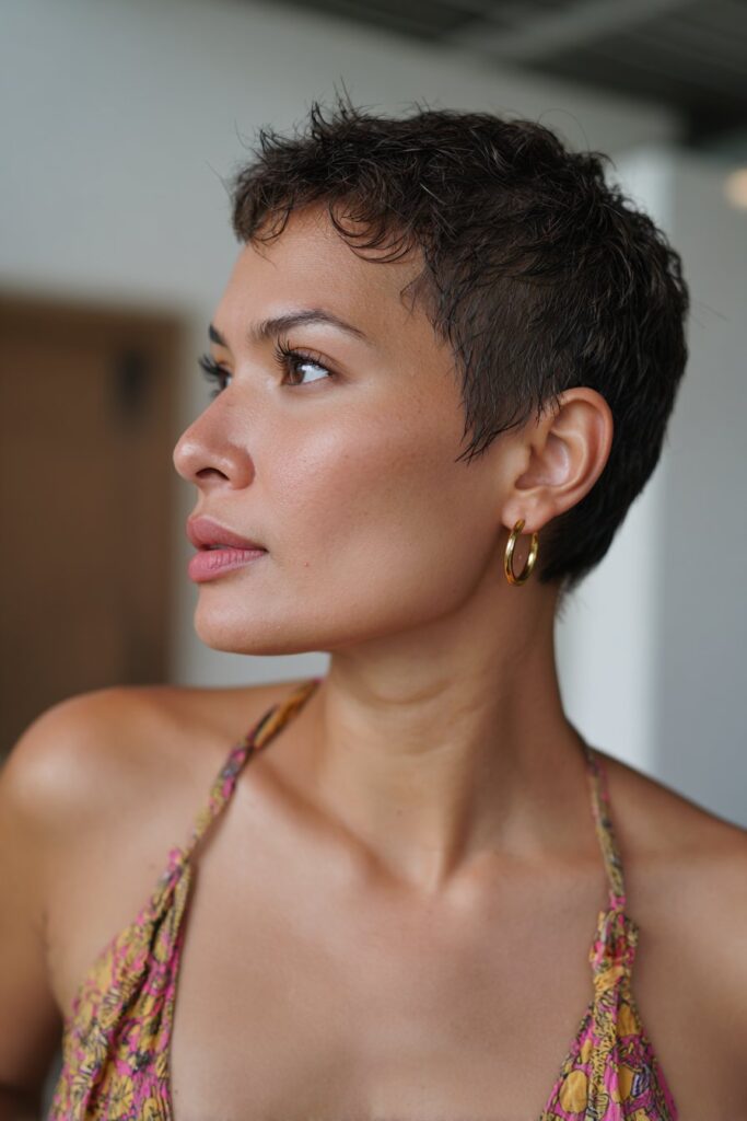 Short hairstyle for fine hair textured pixie cut