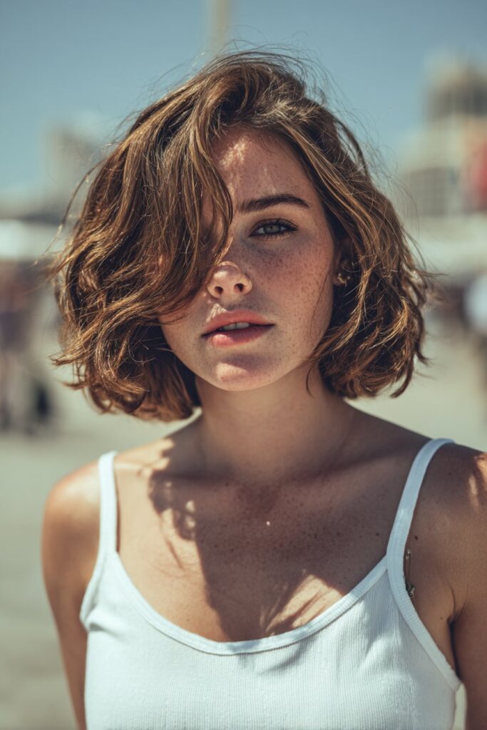 Short textured beachy waves hairstyle with volume