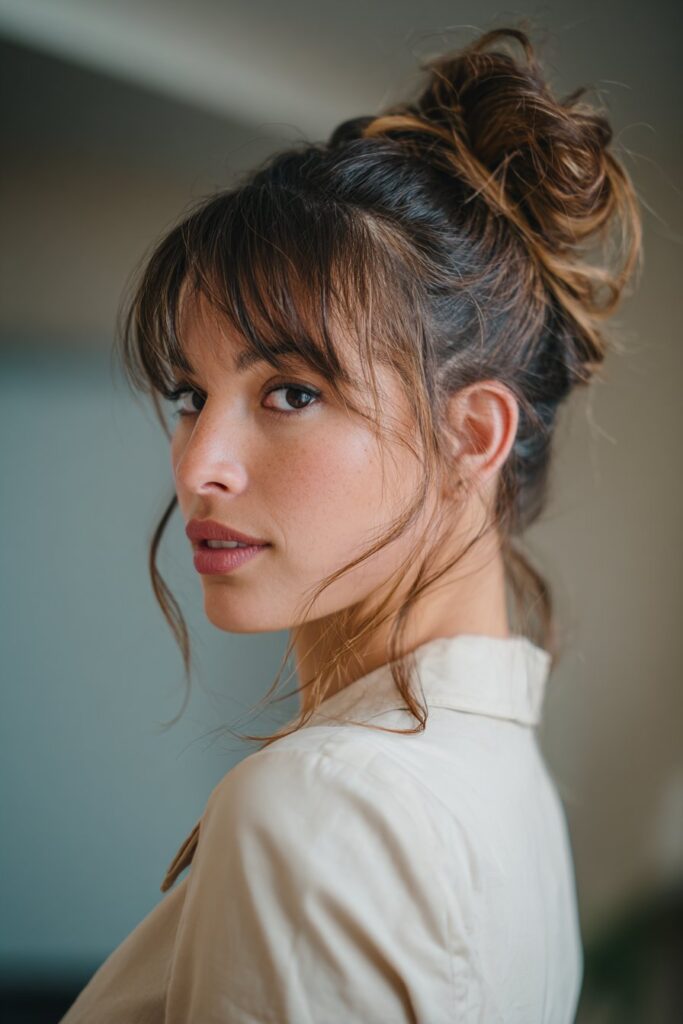 Textured side bun formal hairstyle with soft volume